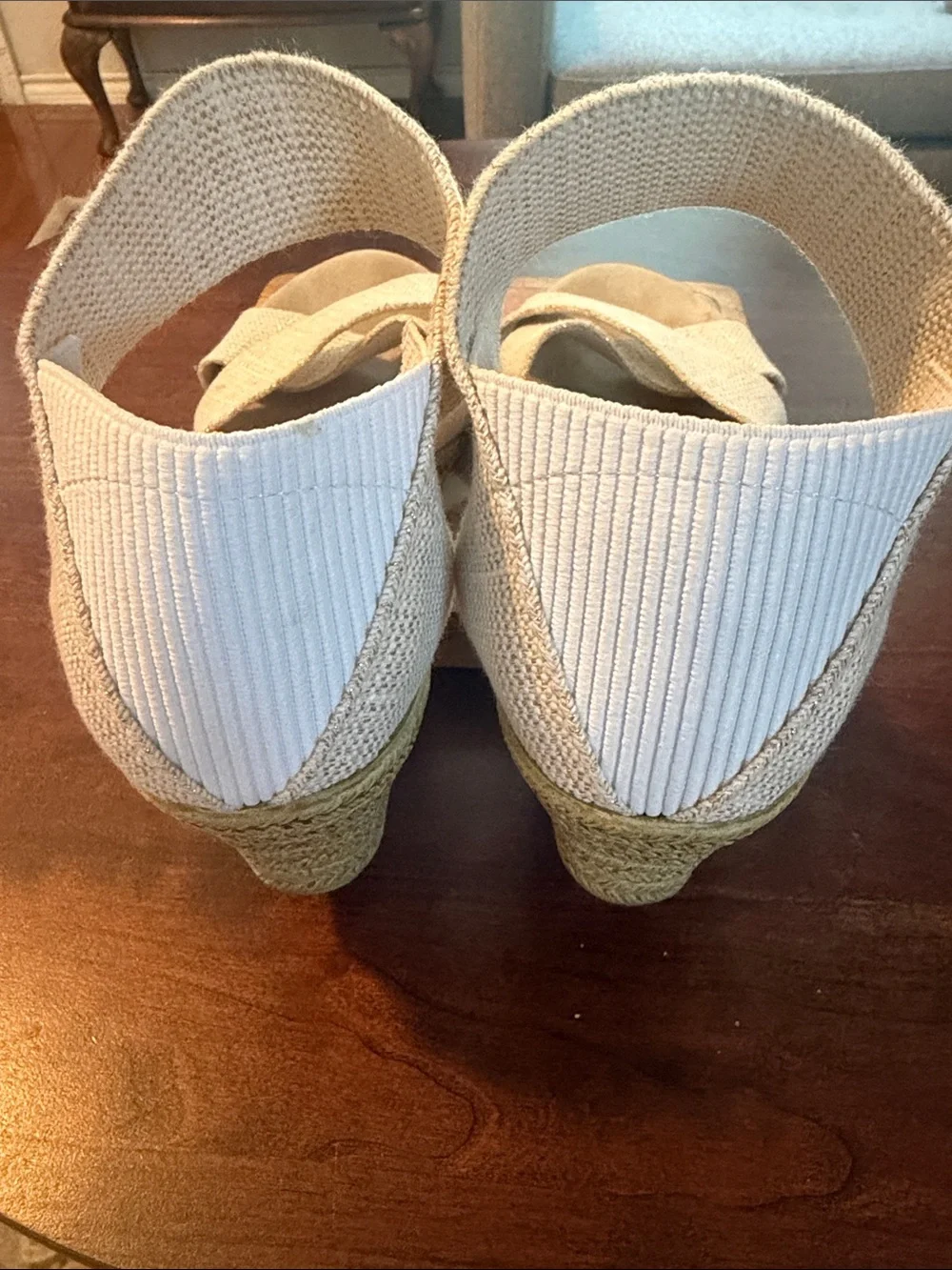 CHARLESTON SHOE CO. White and beige Crisscross Wedge Sandals